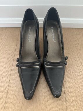 Pierre Dumas Black Pointed Toe Low Heel Pumps with Strap Detail